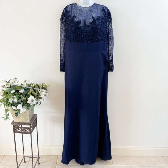 NWT Mac Duggal Plus Fabulouss 49173 Midnight Blue Lace Long Sleeve Gown 20W - Picture 5 of 14